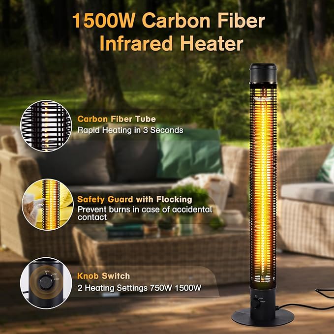 Patio Heaters for Outdoor Use, 45" 1500W Outdoor Electric Heaters, Large Standing Infrared Outdoor Heaters for Patio, Carbon Fiber Radiant Heater for Yard, Garage, Home
