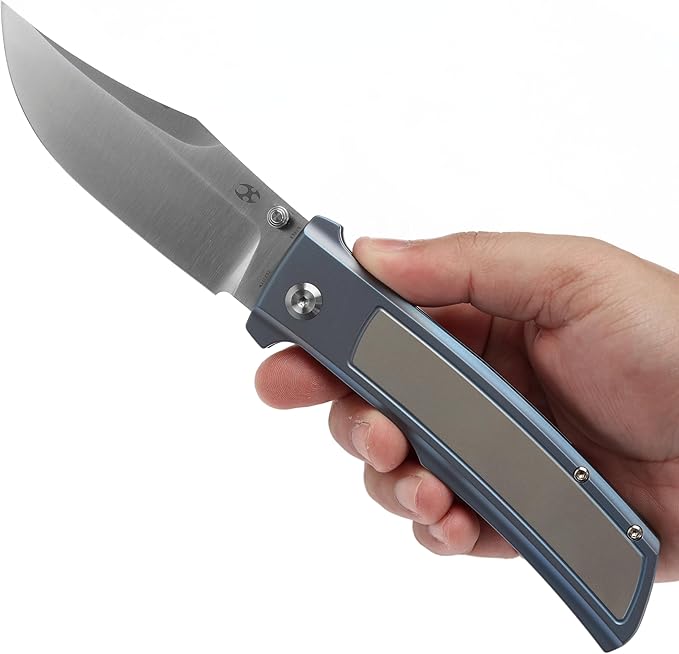 KANSEPT Bison Pocket Folding Knife, 4.25'' Satin CPM S35VN Steel Sharp Blade, Blue Durable Two-Tone Titanium Handle, Frame Lock and Thumb Stud for Edc, Camping Hiking Knives K1108B2
