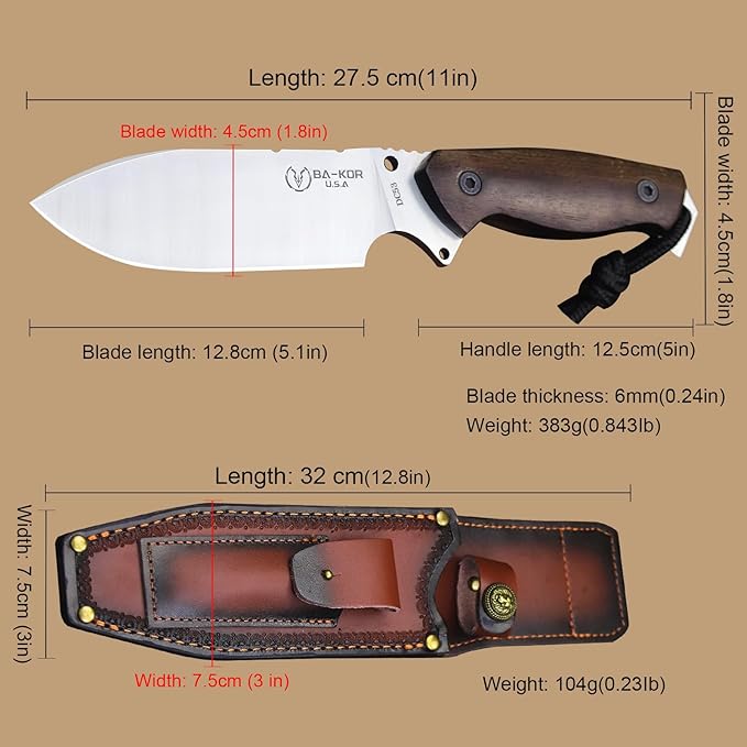 BA-KOR U.S.A 11 "DC53 Steel Hunting Knife & Sheath +4" Flint Fire Starter, Acidwood handle Jungle Survival Knife, Camping EDC tool knife