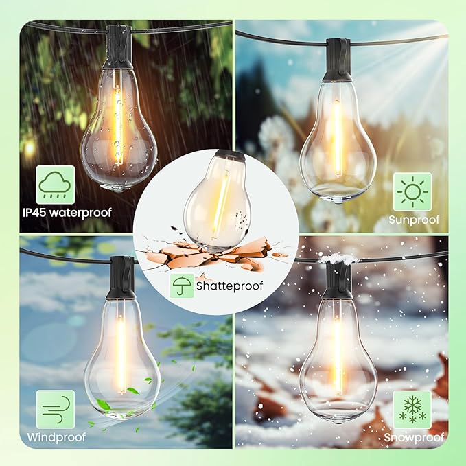 Outdoor String Lights 400FT(4x100) Patio Lights with 208 (8 Spare) Shatterproof Bulbs, String Lights for Outside Waterproof Hanging for Party,Wedding,Yard, Porch, Bistro, 2200K, Black Cord