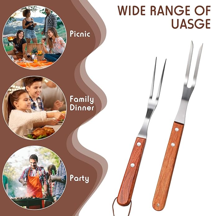 Honoson 2 Pieces Meat Forks Stainless Steel Carving Fork with Rosewood Handle for Kitchen Barbecue Serving Cooking Grilling Roasting (13 Inch,10 Inch)