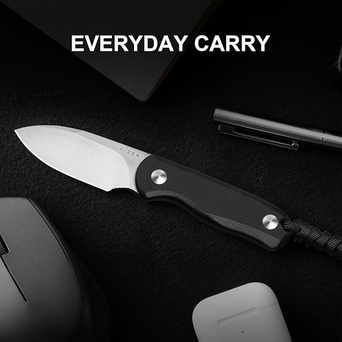 Kizer Drop Bear Fixed Blade Knife, 2.57" D2 Satin Blade EDC Camping Knife with Black G10 Handle and Hidden Tools, Outdoor Full Tang Hunting Survival Knives with Adjustable Kydex Sheath, 1094M2