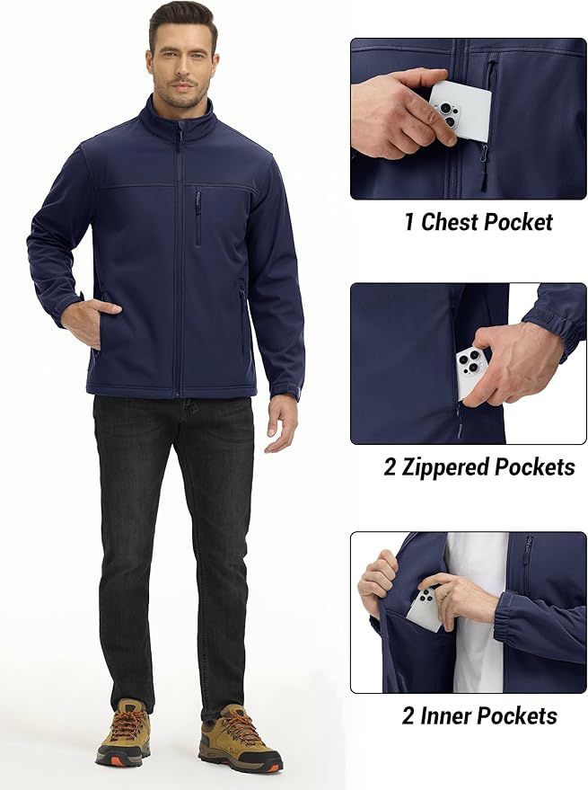 TACVASEN Men's Lightweight Softshell Jacket Fleece Lined Waterproof Tactical Rain Zip Up Winter Coat Windbreaker Casual