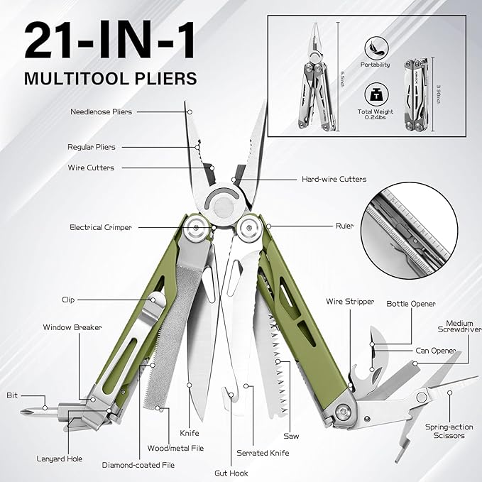 Multitool, 21-in-1 Multi Tool Pliers with Safety Locking and Spring-Action Scissors, Heavy-duty Stainless Steel Multi-tool Set with Nylon Sheath for Work, Home, Garden, DIY & Auto