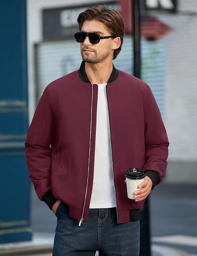Cotrasen Men's Bomber Jacket Full Zip Windbreaker Warm Winter Windproof Casual Outwear Padded Lined Coats