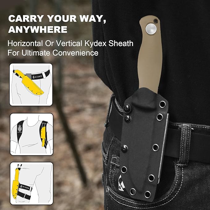 Kizer Polaris Fixed Blade Knife, 4.23" 1095 High Carbon Steel Blade Camping Knife with Tan G10 Handle, Survival Hunting Bushcraft Knives with Adjustable Sheath & Sharpener, 1100A4