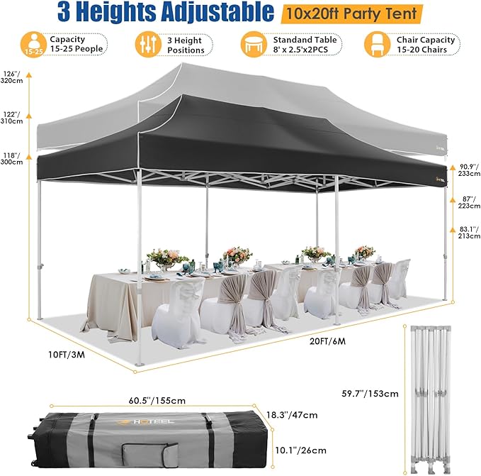 HOTEEL 10x20 Pop up Canopy Tent for Parties, Heavy Duty Easy Setup Tent Without Sidewalls, Outdoor Commercial Instant Gazebo for Wedding Event, with Roller Bag & Sand Bags, Black(Hexagonal Frame)