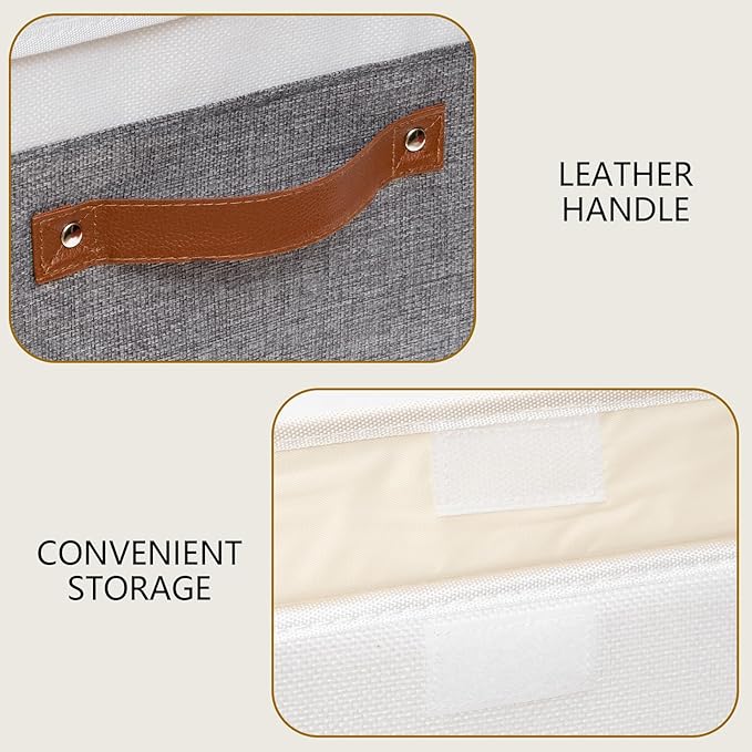 Yawinhe Collapsible Storage Bin, Cube Organizer Basket, Fabric Box with Lids, Washable and Leather Handle, for Home, Closet, White/Grey, 13.0''Lx9.0''Wx7.9''H, 1-Pack, SNK024WGS-1