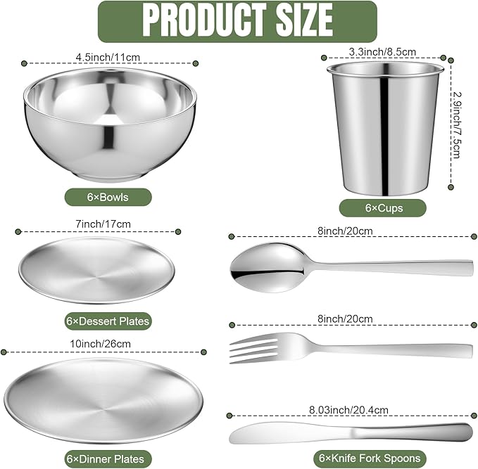 Jinei 304 Stainless Steel Dinnerware Set 10 Inch 7 Inch Stainless Steel Plates Bowls Cups Forks Spoons and Knives Sets Reusable Metal Camping Dinnerware for Home Outdoor Picnic Kitchen