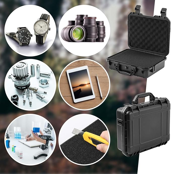 8.5 x 6.5 x 3.7 Inch Waterproof Hard Case with DIY Customizable Foam Insert Portable Protective Case with Knife for Camera Drones Equipments Tools Test Instruments (Black)