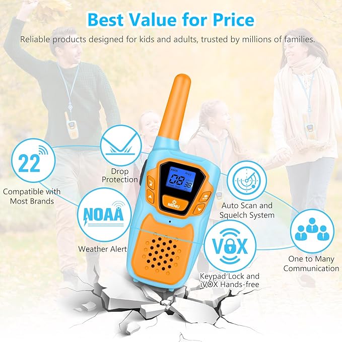 Walkie Talkies for Kids Long Range Walkie-Talkie for Adults Rechargeable 2 Way Radios 2 Pack with Lanyard 4 Miles NOAA USB VOX, Family Toys for 3-12 Year Old Boys Girls Toddlers Camping Hiking