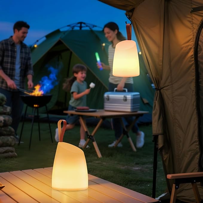 uuffoo 2 Pack Portable Outdoor Table Lamp LED Camping Lantern, Rechargeable Table Lamp with Remote, RGB & Warm White, IP44 Water-Resistant, Timer & Memory, Hanging Lantern for Patio, Garden, Camping.