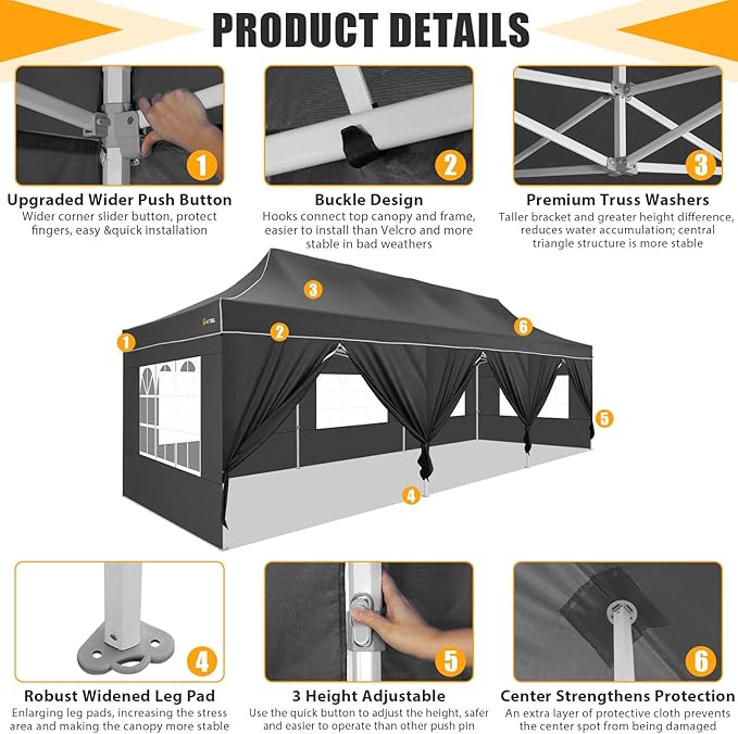 HOTEEL Tents for Parties 10x30 Pop Up Canopy Tent Heavy Duty with 8 Sidewalls, Commercial Party Tent Event Wedding Instant Canopy Waterproof with Carry Bag, UV 50+, Thicked Hexagonal Legs, Black
