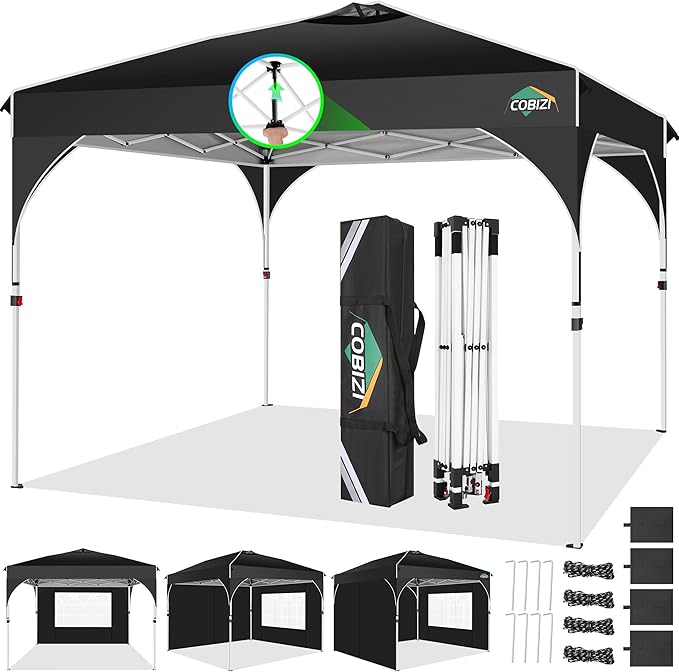 COBIZI Canopy Tent 10x10, Easy Up 10x10 Pop Up Canopy for Party Camping, Party Tents with One Push Central Button Air Vent, Outdoor Gazebo Tent with Sidewalls and Reflective Strip(Black)