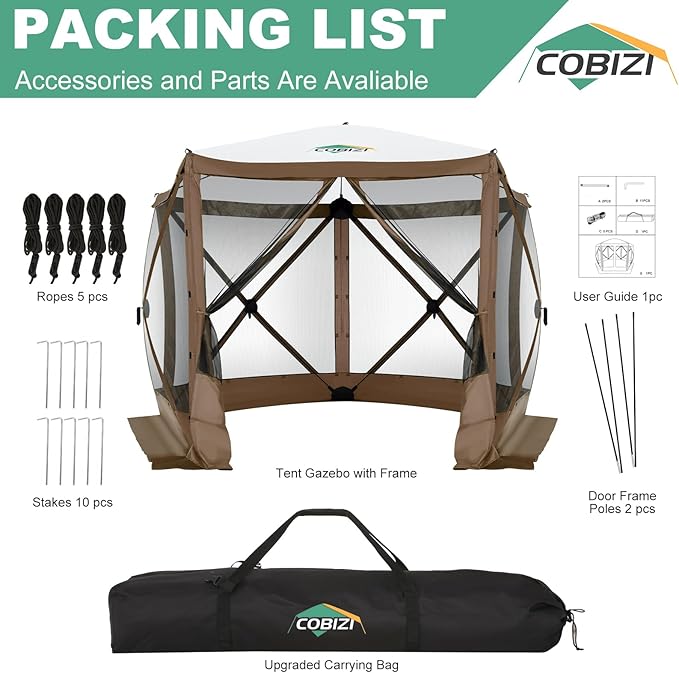 COBIZI 10x10ft Pop up Gazebo Screen House Tent for Camping, Pop-up Camping Canopy with Mesh Windows,Portable Outdoor Quick-Set Hub Tent with Carrying Bag&Ground Stakes,Brown(Upgraded 2.0)