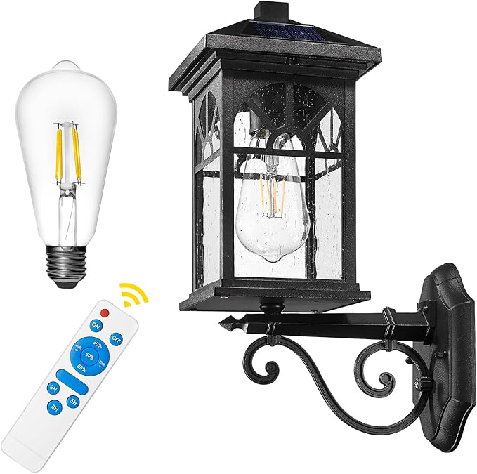 zeyu 15.8 Inch Solar Exterior Lighting Fixture, Exterior Wall Light Fixture with Remote, Die-Cast Aluminum with Seeded Glass Shade, Black Finish, ZYX112B SL BK