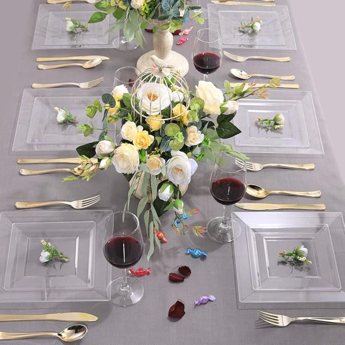 WDF 60PCS Clear Plastic Plates - Square Disposable Dessert/Salad Plates- 7inch Plastic Appetizer Plate for Wedding &Parties
