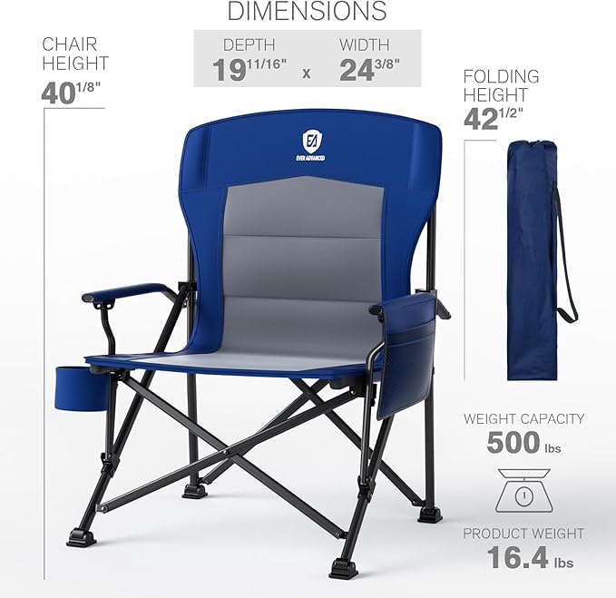 EVER ADVANCED Oversized Folding Camping Chair, for Adults Heavy Duty Lawn Chair with Side Pockets, Portable Collapsible Quad Chair for Outside, Support Up to 500lbs, Blue