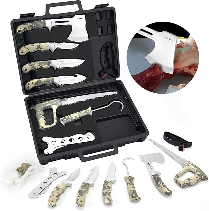 Jellas Professional 13-Piece Hunting Gear Set | Field Dressing & Game Processing Kit | Includes Fixed Blade, Bone Saw, Gut Hook, Boning Knife, Skinning Blade & Heavy-Duty Case