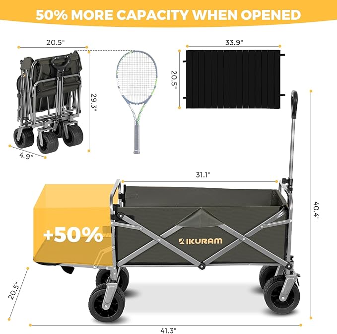 Collapsible Wagon Cart with Removable Tabletop, 500LBS Folding Wagons with Extended Tailgate, Big All-Terrain Wheels, Heavy Duty Utility Wagon Carts for Beach, Picnic, Grocery, Outdoor