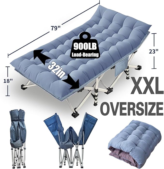 79" L x 32" W x 18" H Camping Cot with Comfortable Mattress for Adults Extra Wide Cot for Sleeping XXL Oversize Folding Bed Heavy Duty with Carry Bag for Indoor Outdoor