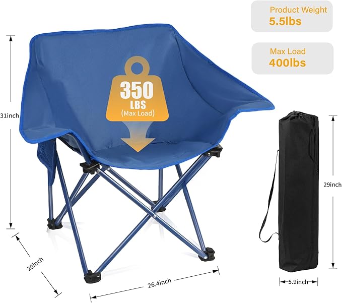2 Pack Portable Camping Chair Compact Collapsible Outdoor Folding Sports Chairs for Adults Heavy Duty Camp Sporting Events Park Lawn 400 Lbs Blue