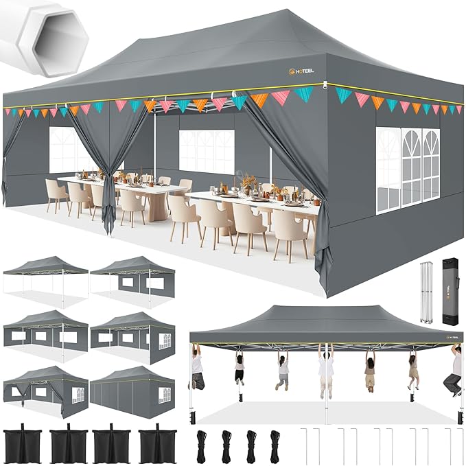 HOTEEL 13x26 Heavy Duty Pop Up Canopy Tent for Parties Event Wedding Commercial Instant Gazebo with Roller Bag, Party Tent Waterproof UV 50+&Windproof, Upgraded Thick Hexagonal Legs, Gray