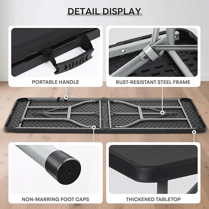 72' Folding Table, Collapsible Camping Table, Rectangular Picnic Table with Steel Frame, Stable Legs Design, Easy Carry and Storage, Plastic Outdoor Folding Tables for Indoor Outdoor, Black