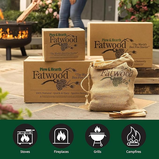 Plow & Hearth 10 LBS Fatwood Fire Starter Sticks Organic Kindling, Easy Ignition Fat Wood, All Natural Firestarters for Fire Pit, Wood Stoves, Fireplaces, Campfires, Bonfires, BBQ