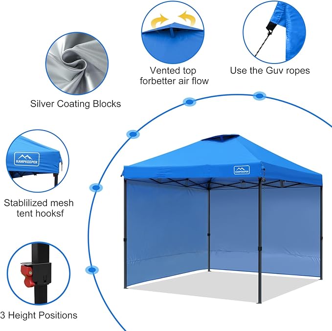 KAMPKEEPER 10x10 Pop Up Canopy Tent with 2 Sidewalls, Beach Tent - Easy Outdoor Sun Shade for Events, Parties, Camping - Gazebo with 4 Weight Bags & Carry Bag.(Blue)