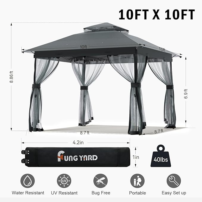 Outdoor Pop Up Gazebo 10x10 - Instant Canopy Tent with Mosquito Nettings, Double Roof Vented Gazebos Tents Shelter for Backyard Shade Party Garden Lawns (Gray, 10x10)