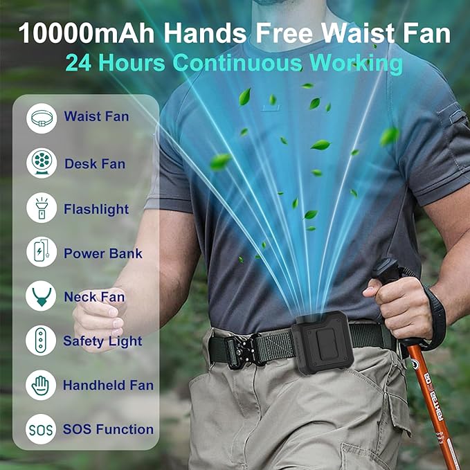 7-in-1 Multi-Use Portable Fan Hands Free Flashlight Etc,Christmas Gifts for Men Women,Turbo Powerful Cooling Personal Fan,10000mAh,24H Lasting,LED Display,Outdoor Travel Camping Fitness Gift (Black)