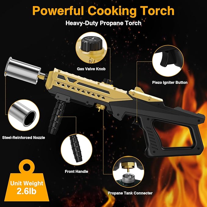 Sondiko Powerful Cooking Propane Torch Head, Culinary Torch Campfire Starter, Adjustable Weed Torch Burner for Searing Steak, BBQ, Welding (Gold & Black) Propane Tank Not Included