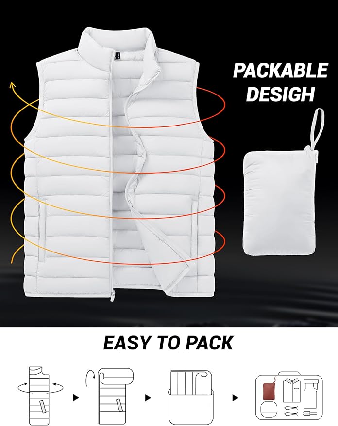 Cotrasen Men's Puffer Lightweight Vest Packable Outerwear Vest Warm Winter Outdoor Sleeveless Jacket for Travel Running