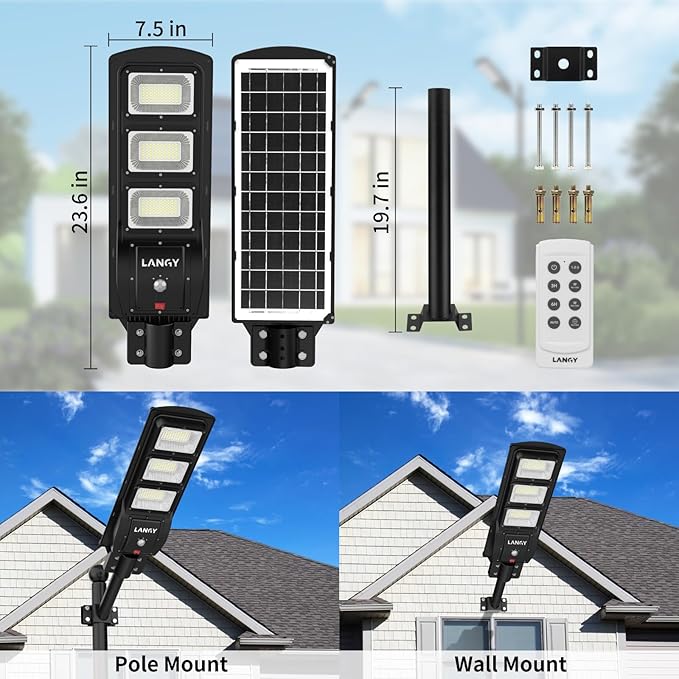 LANGY 2 Pack Led Solar Street Lights Outdoor 150000 Lumens,180 PCS LED,Dusk to Dawn Solar Powered Street Lights with Remote for Barn,Yard, Garden,Basketball Court