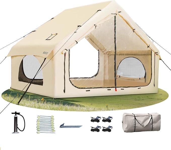 2025 Upgraded Waterproof Inflatable Camping Tent, Large Blow-Up Air Tent, No Assembly Needed Luxury Glamping House, Oxford Fabric
