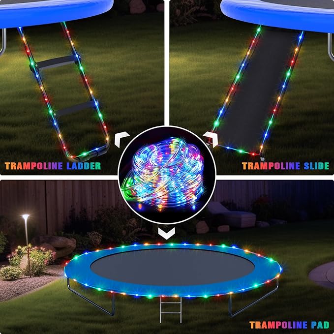 JMEXSUSS 200 LED Trampoline Accessories Solar Rope Light, 66ft IP 65 Waterproof Solar Christmas Lights Outdoor, 8 Modes Trampoline Lights for Camping Ladder Slide Pathway Tent(Multicolor)