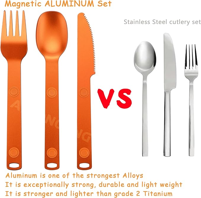 Magnetic Camping Cutlery Set, Flatware Utensils Set, Knife, Fork & Spoon, Travel Utensils for Camping, Cooking, and Outdoor Dining, 3-Pack, Orange