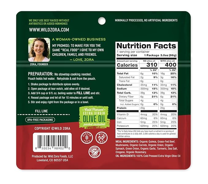 Wild Zora Instant Organic Quinoa Meals, Quick & Tasty Prepared Bowls, Pantry Staples Gluten-Free Meal Plus 10g Olive Oil Packet, Harvest Beef, Mushrooms, Garlic, Oregano (3-Pack)