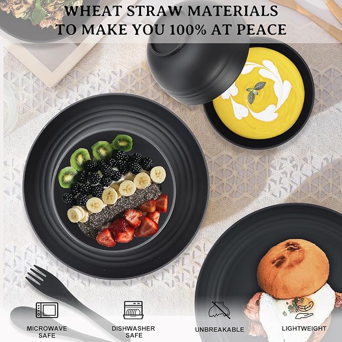Wheat Straw Dishes Set for 4,Microwave Safe Plates and Bowls Sets, Unbreakable and Ruseable Plastic Dinnerware Sets for Kitchen,Camping,Dorm,Dessert Plates, Water Cups,Serving Bowls(Black,20 PCS)