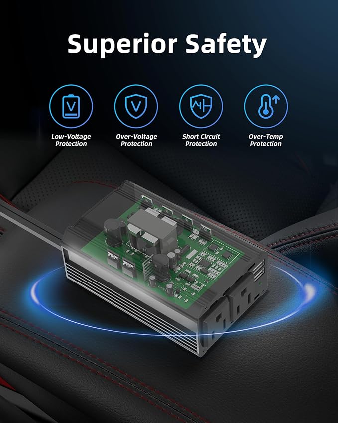 300W Power Inverter DC 12V to 110V Car Charger Converter with Dual USB Ports and 2 AC Outlets for Air Compressor Laptops, Road Trip Accessories (Black)