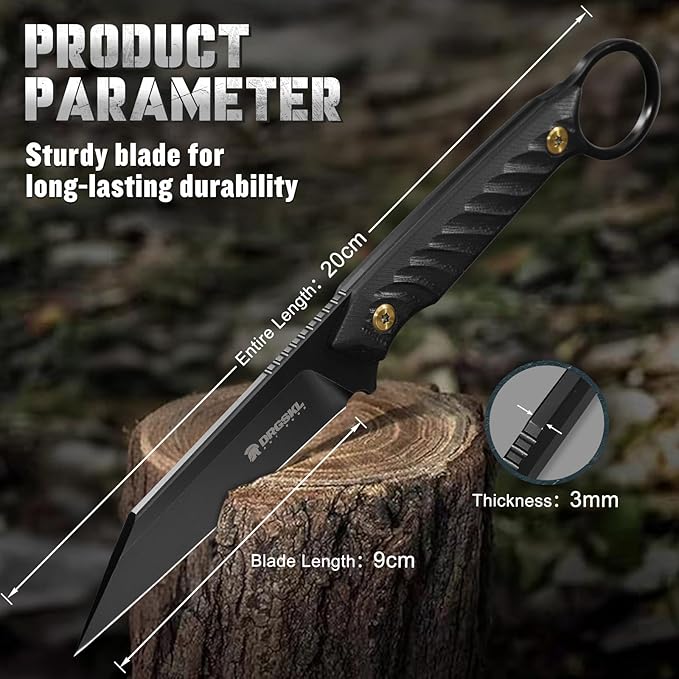 Sheepsfoot Fixed Blade Knife - Full Tang Survival Knives with Sheath, Camping Knives for Men, Black Knives Forged from a Single Piece of D2 Steel, Ideal Gift for Men