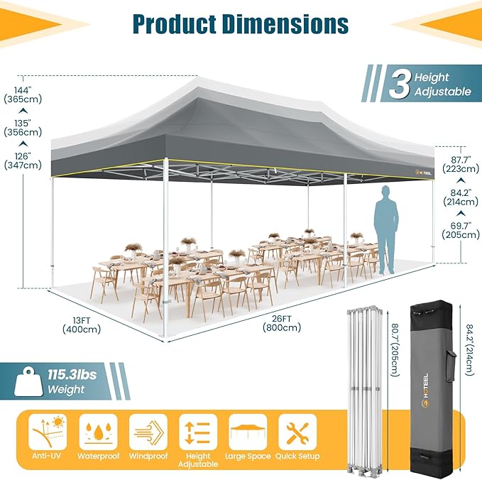 HOTEEL 13x26 Heavy Duty Pop Up Canopy Tent for Parties Event Wedding Commercial Instant Gazebo with Roller Bag, Party Tent Waterproof UV 50+&Windproof, Upgraded Thick Hexagonal Legs, Gray