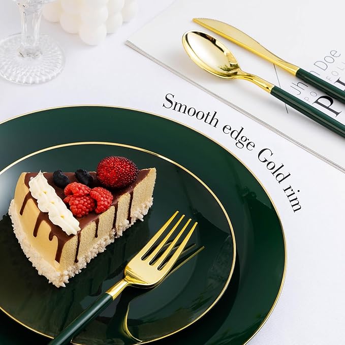 50PCS Green Gold Plastic Plates, Green Disposable Plates for Party, Wedding, Include 25 Dinner Plates, 25 Dessert Plates for 25 Guests