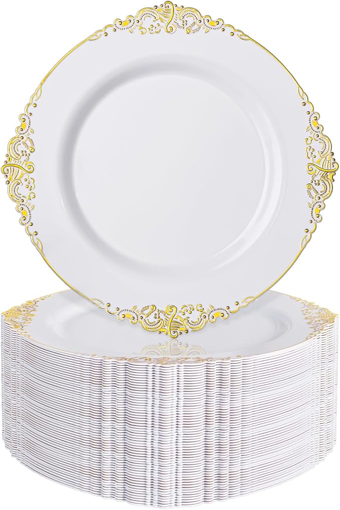 Nervure 100PCS White and Gold Plastic Plates - 7.5inch Gold Disposable Plates - Heavyweight Plastic Plates - Dessert Plates for Wedding & Party & Thanksgiving