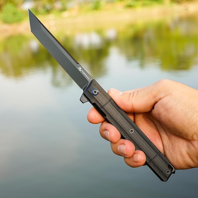 Flipper Pocket Folding Knife,DC53 Steel Blade and G10 Handle. With pocket clip and glass breaker,men's pocket knife hiking trip EDC tool Knife (Black PVD Blade)