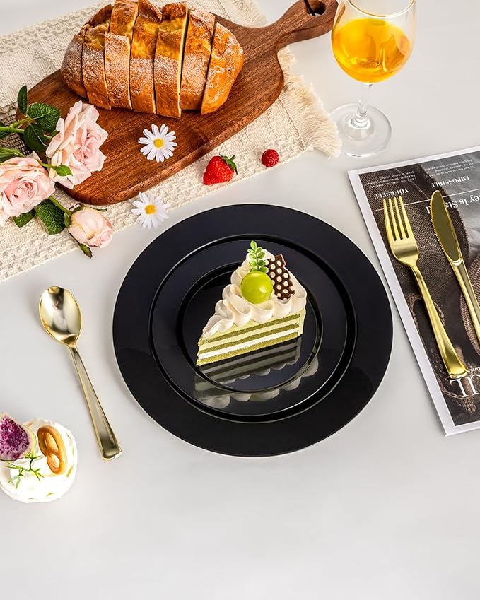 100PCS Black Plastic Plates, Disposable Party Plates with 50 Dinner Plates and 50 Dessert Plates, Plastic Plates for Party, Wedding Birthday and Halloween (Black, 100PCS)