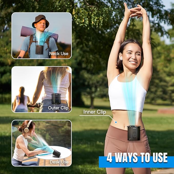 Raddy CF6 Portable Waist Fan with Cooling Mist, Rechargeable Personal Neck Fan, Hands-Free Clip Belt Fan with 14500RPM Strong Airflow, 5 Speeds, 18H Runtime for Camping, Outdoor, Travel