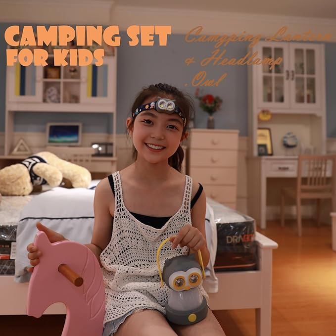Kids Owl Lantern & Headlamp Set, 2-in-1 360ยฐ LED Camping Night Light, Battery Powered 3รAA, Child-Safe ABS, Portable Adventure Toy & Bedroom Night-Light (Pink Owl Lantern-Headlmp)