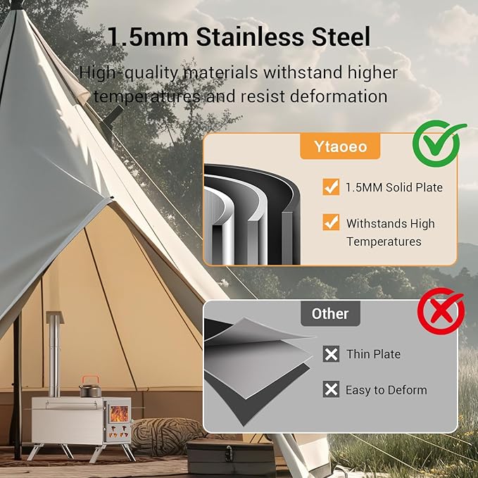 Hot Tent Stove, Camping Wood Stove for Tent, Portable Stainless Steel Wood Burning Stove with 7 Chimney Pipes for Wall Tent Camping, Cooking, Ice Fishing, Hunting, Boiling Water - Large